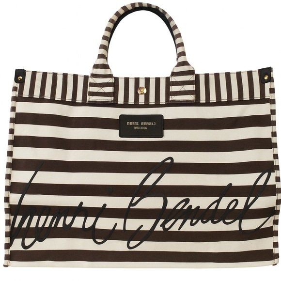 Henri Bendel Striped Canvas Tote Bag Brown White Signature Large - Picture 1 of 15